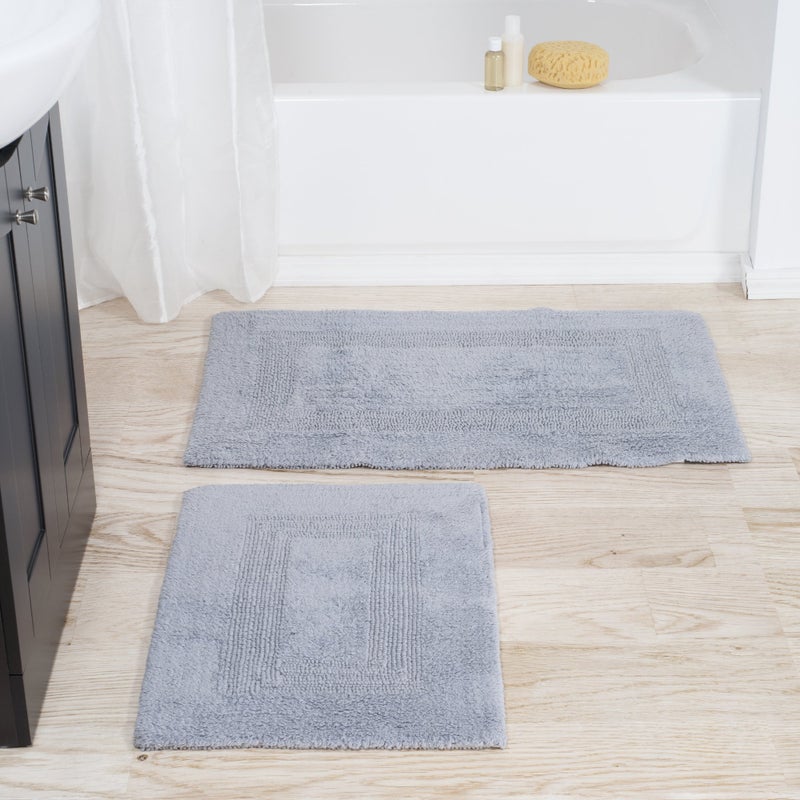Lavish Home Cotton Bath Mat Set- 2 Piece 100 Percent Cotton Mats- Reversible, Soft, Absorbent and Machine Washable Bathroom Rugs By Lavish Home (Silver) - Image 1